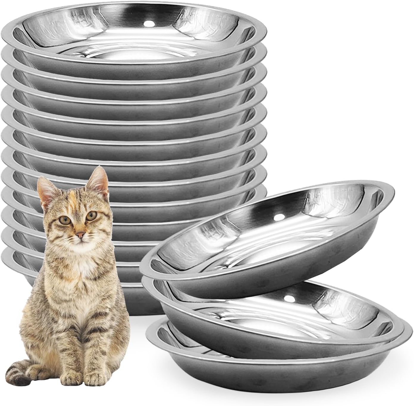 Hamiledyi 12 Pcs Stainless Steel Cat Bowls Metal Wide Shallow Cat Feeding Dishes Replacement Whisker Fatigue Kitten Food Bowl for Dogs Cats and Other Pets 6.30 Inch Diameter