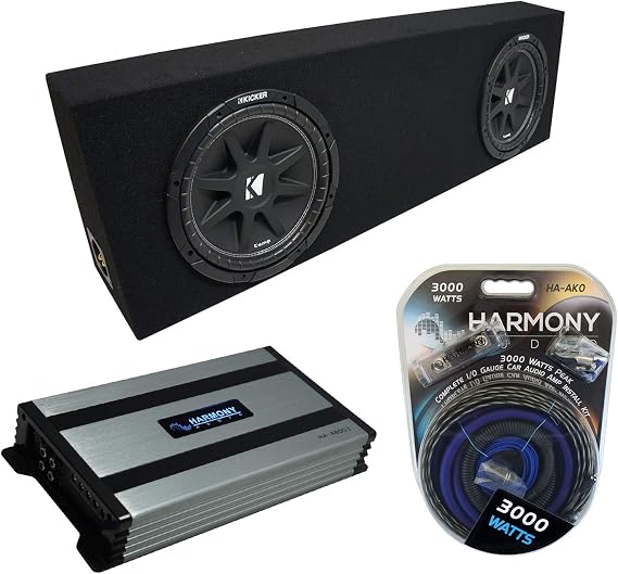 Harmony Audio Universal Regular Cab Truck Kicker Bundle Comp C10 Dual 10" Black Sub Box Enclosure & Harmony HA-A800.1 Amp