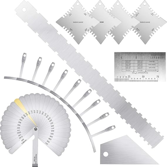Mudder 17 Pieces Guitar Luthier Tools Set Setup Kit Include Radius Gauge String Action Ruler 32 Blades Feeler Gauges Notched Radius Neck Notched Straight Edge Fret Rocker for Guitar Bass Setup