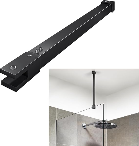 Shower Door Rod, 18 1/5"(462mm)-31 7/10"(805mm) Length Stainless Steel Ceiling-to-Glass Support Bar, for 5/16"(8mm) to 3/8"(10mm) Thick Frameless Glass Door, Matte Black Bracket