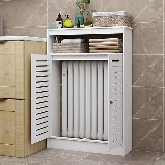White Radiator Cover, Heater Covers for Home, Modern 2 Doors Wood Heating Cover, Radiator Shelf, Hallway Decorative Cabinet for Home Living Room Bedroom(23.6" Lx35.4 Hx7.8 W, White)