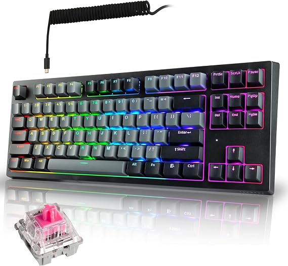 TECWARE Phantom+ Elite 87 Key RGB Mechanical Gaming Keyboard | 3 Mode Wireless Bluetooth 5.0 2.4GHz & USB C Wired | Hot Swappable 5 Pin | Double Shot PBT Keycaps | Wraith Pink Switch - Black