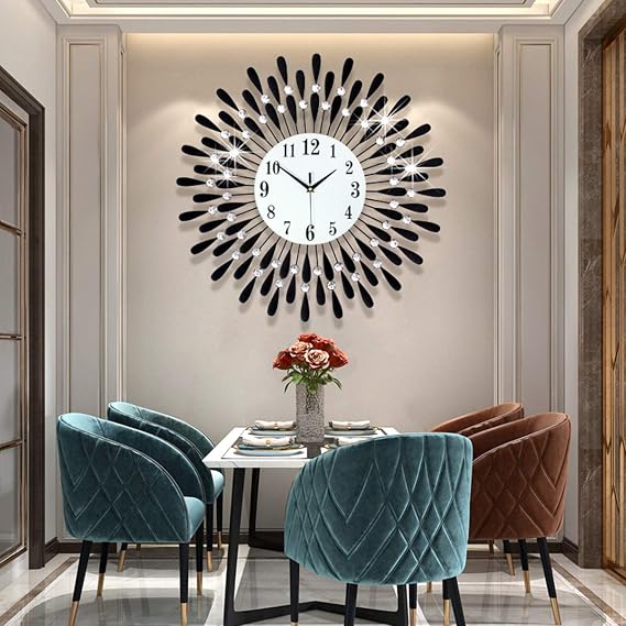 Braiton 23.6 Inch Drop Wall Clock 3D Non-Ticking Silent Quartz Clocks,White Glass Dial with Arabic Numerals for Bedroom Kitchen and Small Areas Space,Black