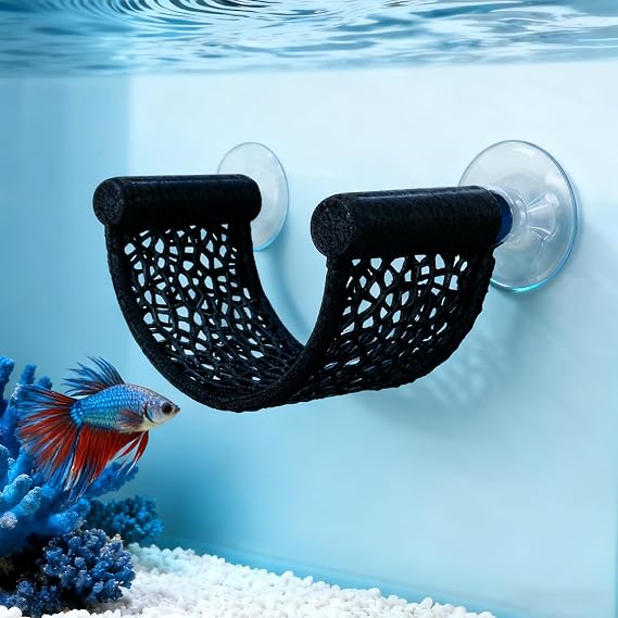 Betta Fish Hammock, White Floating Resting Leaf with Suction Cup - Aquarium Perch Ledge for Bettas, Shrimp, and Nano Fish - Minimalist Tank Decor & Accessory (Black)