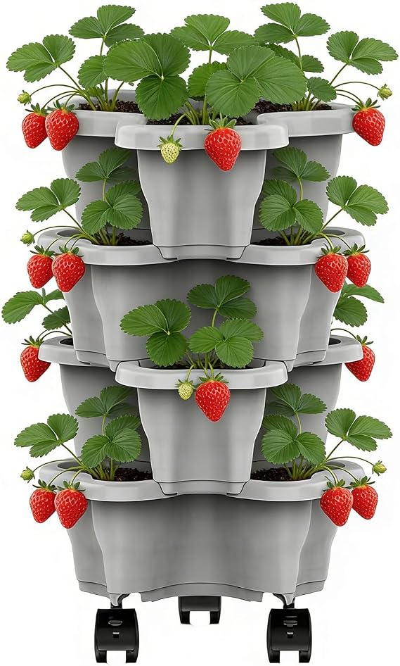 Strawberry Tower Stackable Planter, Vertical Garden Plant Pot For Growing Strawberries, Herbs And Vegetables, Tiered Balcony Patio Gardening Container - Home Stackable Gardening Planter