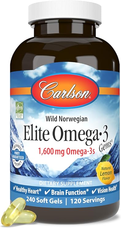 Carlson Elite Omega-3 Gems, 1600 mg, From Norway, Lemon, 240 Softgels | Omega-3 Fatty Acids Including EPA and DHA; Wild-Caught Fish Oil Supplement; Sustainably Sourced Omega 3 Fish Oil Capsules