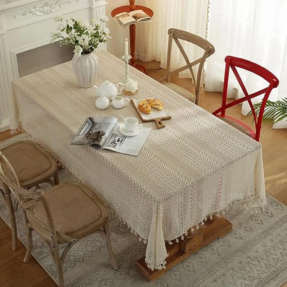 Beige Embroidered Crochet Hole Tablecloth with Tassels, Boho Stripe Geometric Tablecloth for Party Birthday Dinning Table Cloth, Rectangular 59"x39"