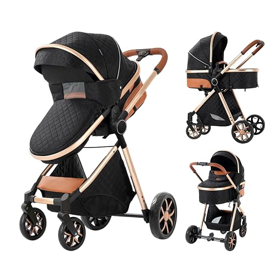 Baby Stroller 2 in 1 Baby Prams Pushchair Function, Foldable, Portable, Comfortable, for Infant Toddler Aged 0-36 Months (Black)