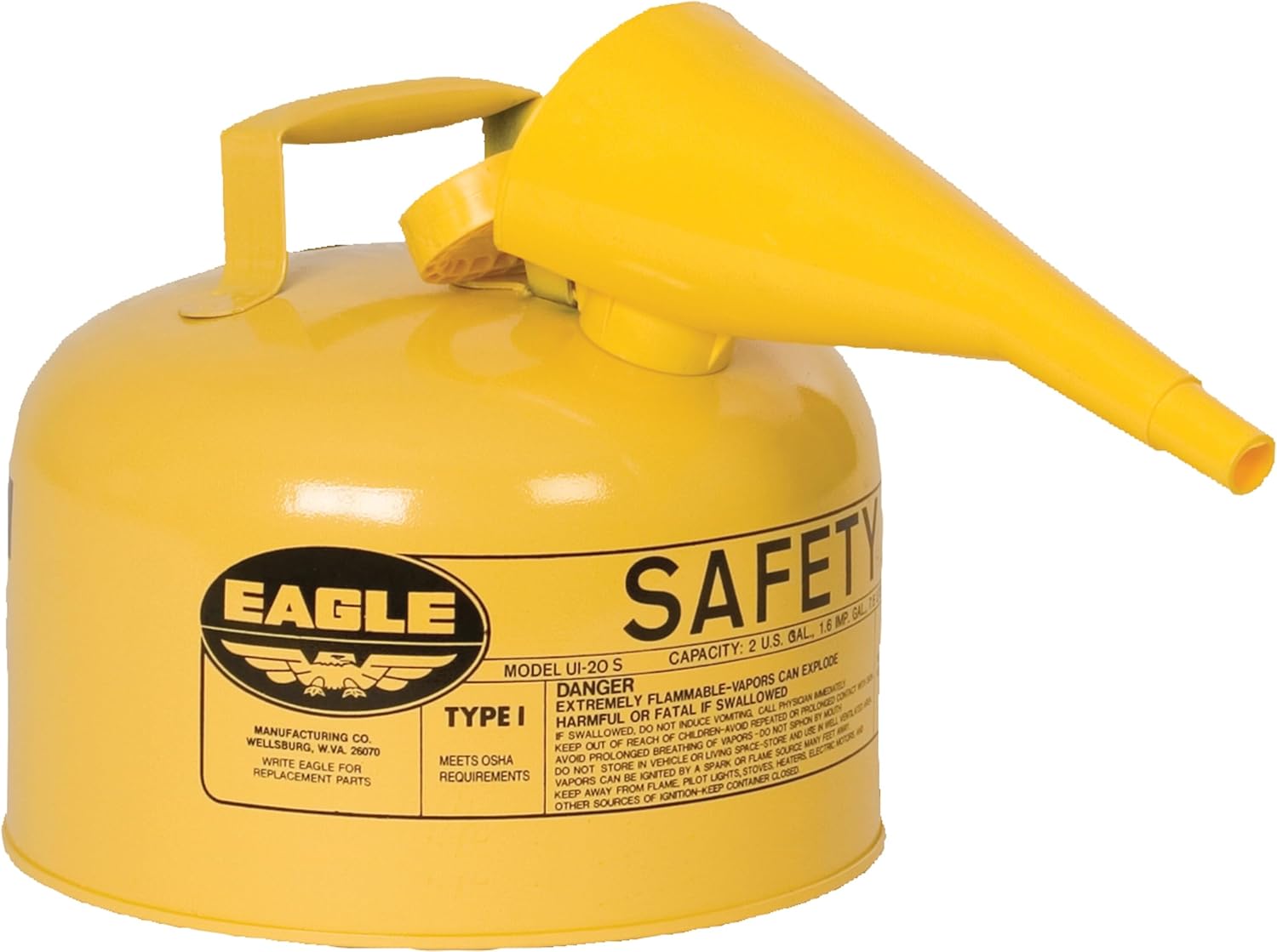 Eagle 2.5 Gallon Type I Yellow Safety Gas Can for Diesel with Flame Arrester, Self-Closing Lid, and F-15 Funnel, Made in the USA, Galvanized Steel Flammable Storage Can, UI25FSY