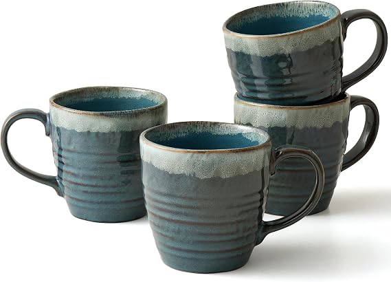 Ava Nord Reactive Glaze Stoneware Ceramic Coffee Mugs 4 Pack - 14oz - Blue | Lead-Free, Non-Toxic, Handcrafted, Coffee Mug Set for Tea Latte Cappuccino Cocoa Hot Chocolate, Microwave & Dishwasher Safe