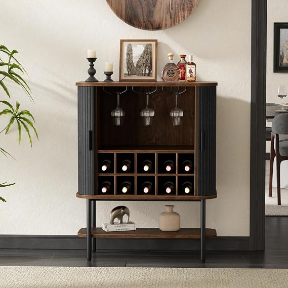 Coffee Bar Cabinet with Storage, Fluted Wine Cabinet with Sliding Doors | Glass Holder and Wine Rack, Buffet Sideboard for Kitchen, Dining Room, Living Room,Black
