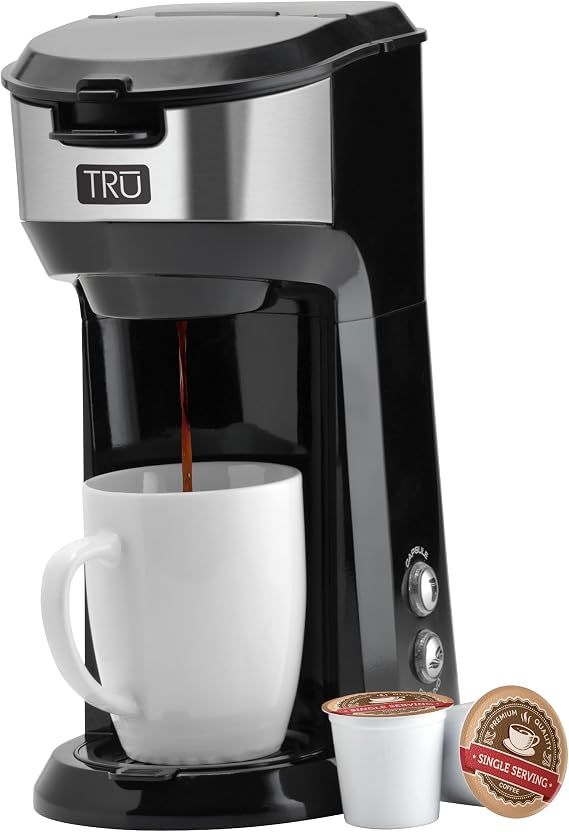 Tru Single Serve Dual Brew Coffee Maker for Capsules or Grounds | Premium Brewer for Coffee Capsules or Grounds, Self-Cleaning Function & Removable Drip Tray for Home