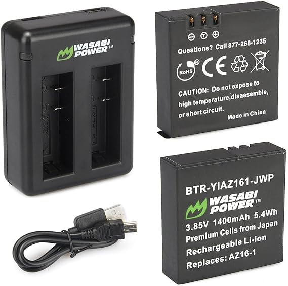 Wasabi Power AZ16-1 Replacement Battery (2-Pack) and Dual USB Charger for Xiaomi YI 4K Camera and YI AZ16-1