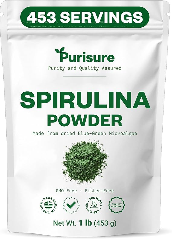 Purisure Spirulina Powder, 453g, Pure Spirulina Powder, Algae Powder Superfood Supplement, Preferred to Chlorella, Vegan Spirulina Powder for Smoothies and Protein Drinks, 453 Servings