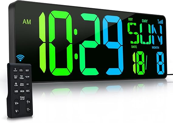 Large Digital Wall Clock with Remote Control 17.2" LED Large Display Timer with Temperature Date Week Auto DST Adjustable Brightness, Big Wall Alarm Clock for Office (080RGB)