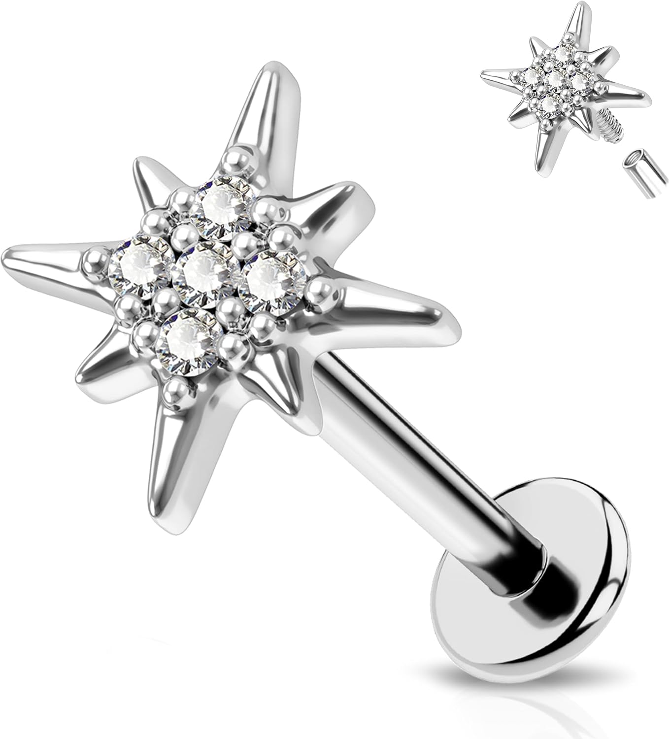 Melighting 16G Labret Jewelry Internally Threaded Butterfly Labret Stud Moon Helix Earrings Clear CZ Stainless Steel 316L Star Cartilage Earrings Tragus Piercing for Women