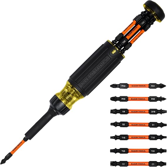 Klein Tools 32315HD 15-in-1 Multi-Bit Ratcheting Screwdriver, Impact-Rated, 7 Double-Ended ProFlex Torsion Zone Tips, 1/4-Inch Nut Driver, 8-Piece