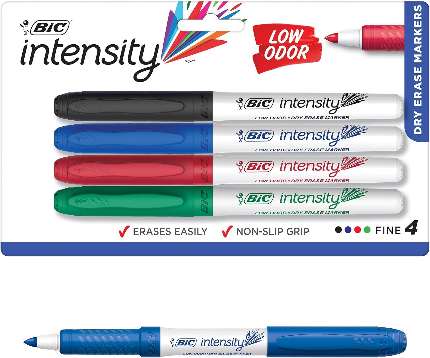 BIC Intensity Low Odor Dry Erase Markers, Fine Tip, Assorted Colors, 4-Count Pack of Erasable Markers With Low-Odor Ink for a Pleasant Writing Experience