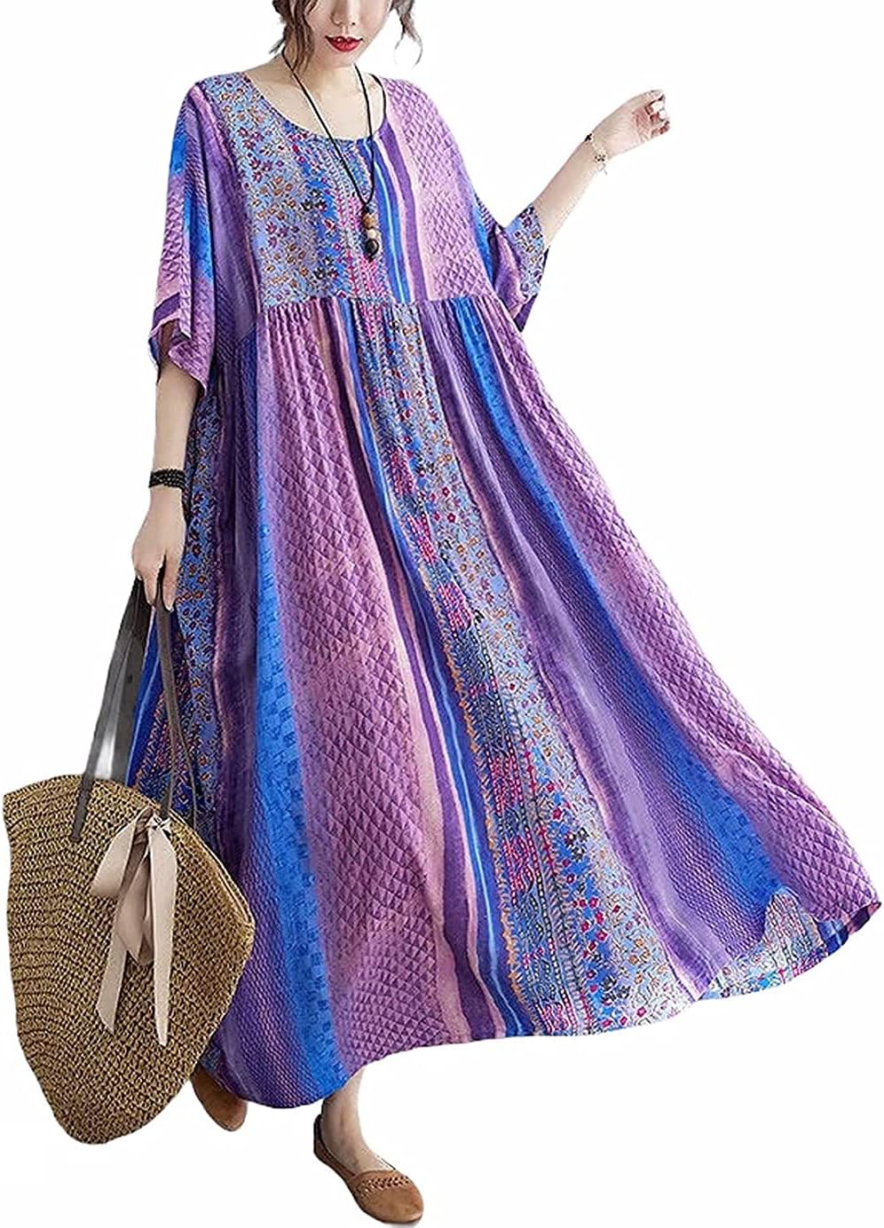 Long Dress, Floral Pattern, Womens Fashion, Summer, Autumn, Body Cover, Botanical, Large Size, Loose, Stylish, Short Sleeve, Casual, Cool, Easy to Wear Purple, One Size