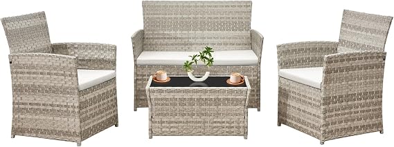 4 pc Grey Rattan Garden Furniture Set, 2 pcs Rattan Chairs,1 pcs Outdoor Loveseat, Glass Coffee Table and White Cushions