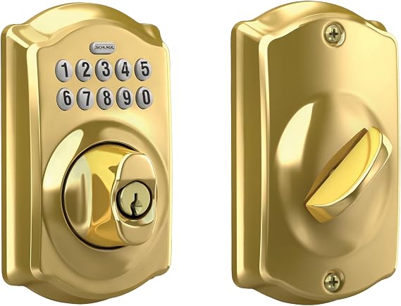 Schlage Electronic Keypad Deadbolt Lock, Camelot Trim, Bright Brass
