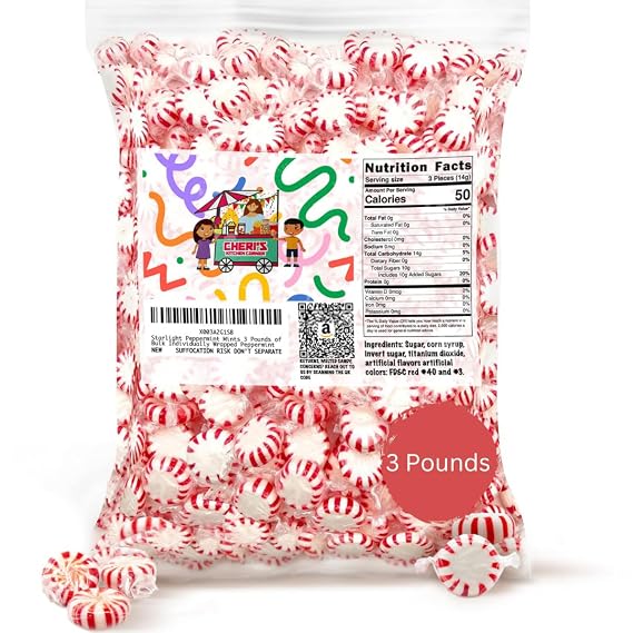 Cheri's Kitchen Corner Starlight Peppermint Mints of Breath Mints- Bulk Individually Wrapped Peppermint, Red, 3 Pound (Pack of 1)