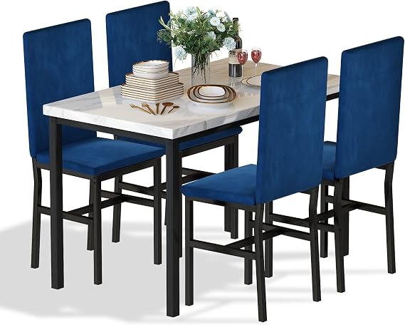 Hooseng Dining Table Set for 4- Space Saving Kitchen Table and Chairs for 4, Modern Style Faux Marble Tabletop & 4 Blue Velvet Chairs for Dining Room, Kitchen, Breakfast Corner Small Spaces, Blue