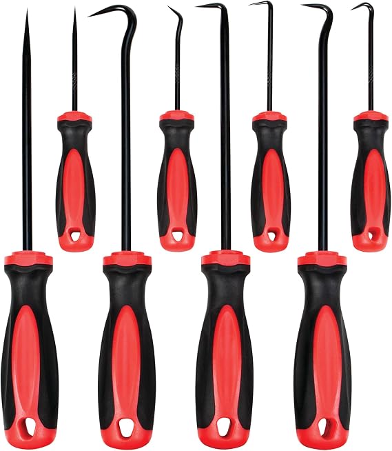 Performance Tool 1980 - Drop Forged Steel Shaft Pick Set with Non-Slip Grip - 4 Mini & 4 Full Size Straight, Full, 45 Degree & 90 Degree Hooks Included