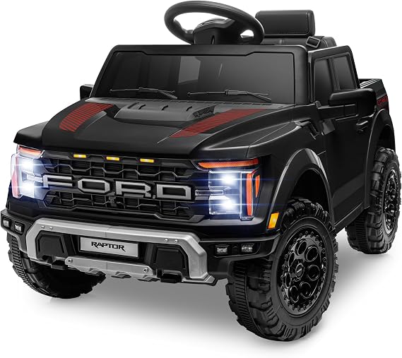 Seizeen 12V Kids Ride On Truck, Licensed Ford F-150 Raptor Electric Car with Remote Control, Kids Ride On Car Toy w/LED Lights, Bluetooth Music, Lockable Doors, Safety Belt, 2 Speed (Black)