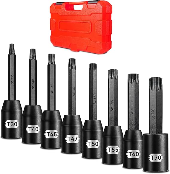 1/2" Drive Impact Torx Star Bit Socket Set, 8-Piece Extra Long, S2 & Cr-Mo Steel for Automotive Repair and Mechanical Maintenance, Heavy Duty Storage Case