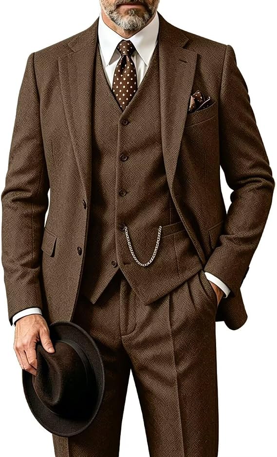 Retro 3 Piece Herringbone Tweed Suit Men's Wool Tuxedos Set Prom Brown Jacket Blazer Vest Pants Themed Wedding