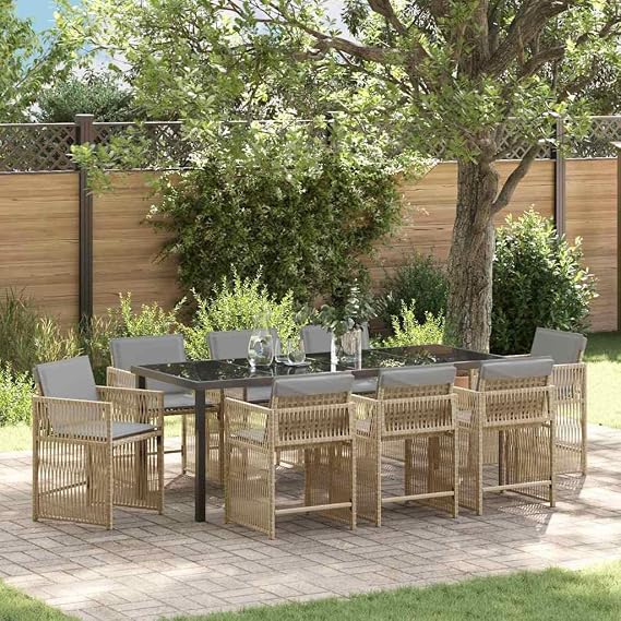 Garden Dining Set 9-Piece Beige Poly Rattan Garden Furniture Set with Glass Top and 4 Chairs, Lounge Furniture Outdoor for Patio Balcony, Weatherproof and Durable, Comfortable for Summer