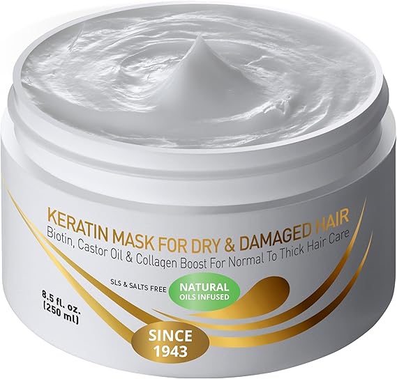 VITAMINS Hair Cosmetics Keratin Hair Mask for Damaged Locks - Deep Conditioner with Biotin, Castor &amp; Coconut Oil - Collagen Protein Treatment for Thick Coarse Hair Repair - 250 ML