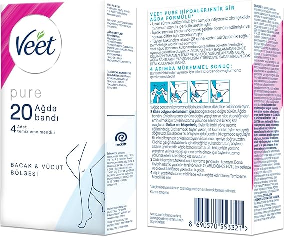 Veet Pure Hipoalerjenik Bacak & Vücut Bölgesi İçin Parfümsüz Sir Ağda Bandı (1 x 20 Adet), Bant