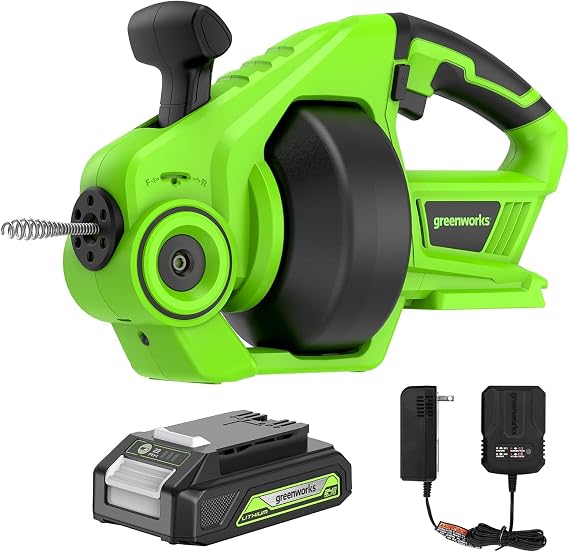 Greenworks 24V Cordless Plumbing Drain Auger / Snake (23-FT / 560 RPM) For Unclogging Sinks, Shower Drains, Toilets, and More! (3/4"-2" Pipes), 2.0Ah Battery and Charger Included