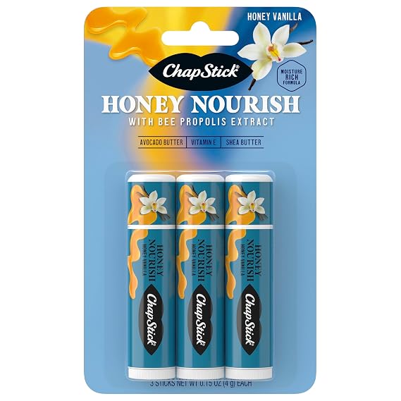 ChapStick Lip Balm Honey Nourish, Moisturizing Fomula with Shea Butter, Avocado Butter and Bee Propolis Extract, Vitamin E, Lip Care Honey Vanilla Flavor, 3CT BC .45OZ
