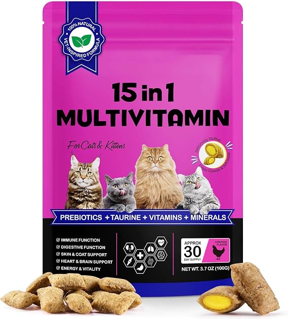 Cat Vitamins, 15 in 1 Cat Multivitamin Treats, Cats Vitamin and Supplements, Crunchy Outside & Soft Inside, Joint, Skin & Coat, Bladder, Immune System Support, Multivitamins for Cats & Kittens 3.7 OZ