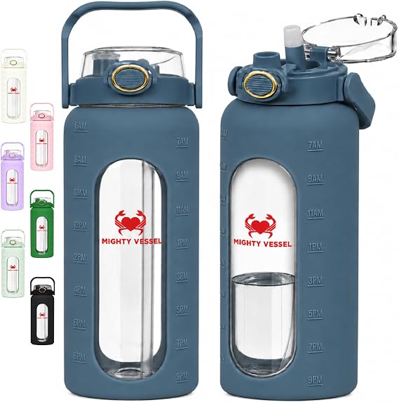 64 Oz Water Bottle with Time Marker & Straw - Dark Blue Pregnancy 2 Liter Glass Water Bottles with Measurements - Daily intake bottle - Leakproof Borosilicate jug