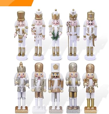 Jolik 10 PCS Christma Nutcracker Ornament Set-Gold and Silver Glittered Christmas Soldier, Nutcracker Figures with Opening Mouths Christmas Decorations for Xmas Tree, Table Decor