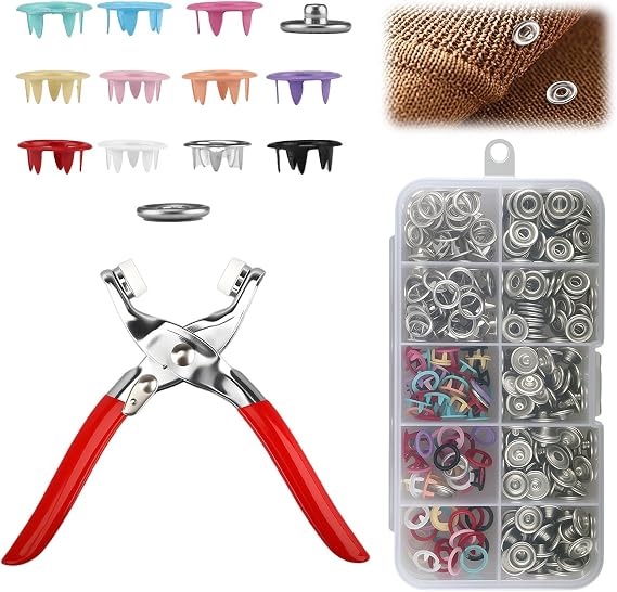 Snap Button Fastener Kit 100 Sets, Metal Poppers Fasteners 9.5mm Colorful Snap Fasteners with Pressure Pliers No Sewing Five Claw Buckle Press Studs for DIY Clothing Bags Crafts Handmade (10 Colors)