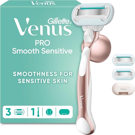 Gillette Venus Pro Smooth Sensitive Women’s Razor, 1 Handle & 3 Blade Refills - 5-Blade System, Sensitive Skin Protection, Reusable Metal Handle, Shower Holder