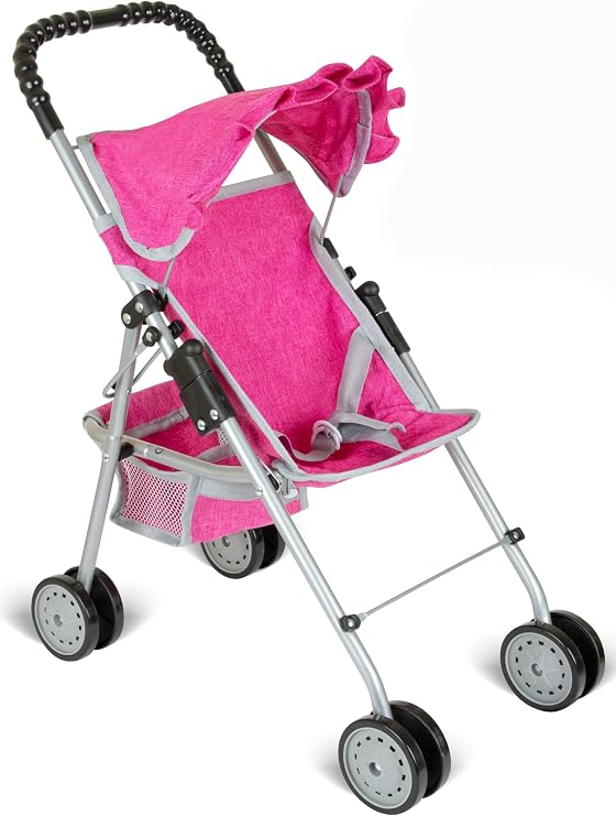 fash n kolor - Doll Stroller My First Baby Doll Strollers Toy - Flower Design with Basket in The Bottom- Doll Accessories 2 Free Magic Bottles Included (Denim Pink)