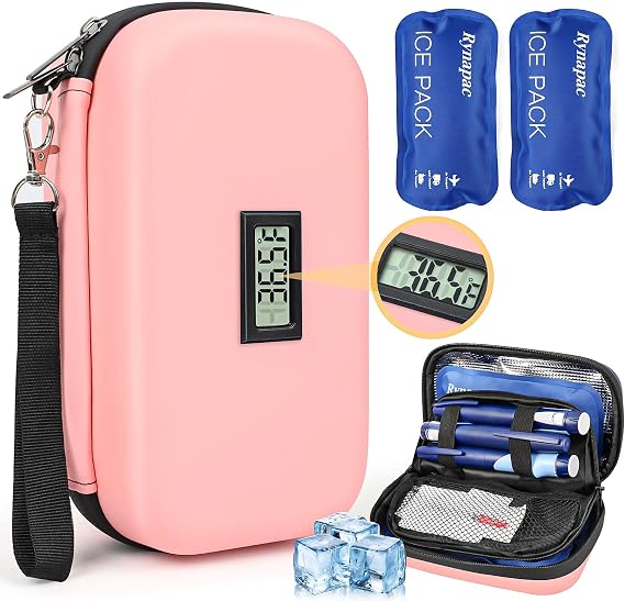 Rynapac Insulin Cooler Travel Case - TSA Approved Medication Diabetic Cooler for Travel with Fahrenheit Temperature Display, Includes 2 Large Reusable Ice Packs, Essentials for Diabetics, Pink