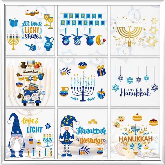 9PCS Hanukkah Window Clings for Glass Window Removable,Gnome Star of David Jewish-themed Happy Hanukkah Window Decals Sticker for Chanukah Hanukkah Celebration Home Supplies Party Decoration