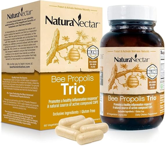 NaturaNectar - Bee Propolis Trio Capsules, NSF Certified Premium Brazilian Propolis - Gluten-Free Supplements with More Diverse Flavonoids & PWE - Naturally Sourced Through Ethical Beekeeping (60pcs.)