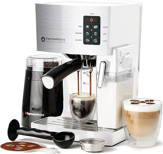 EspressoWorks 10Pc All-in-One Barista Bundle Espresso Machine & Cappuccino Maker, Built in Milk Steam & Frother, Electric Grinder, 2 Cappuccino & 2 Espresso Cups,16 Coffee Stencils (White)