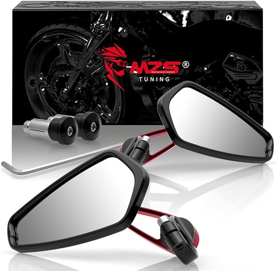 MZS Motorcycle Bar End Mirrors, Red 7/8 Universal Rear View Mirror Standard Hollow Side Compatible with Street Sport Naked Road Bike Cruisers Touring Scooter