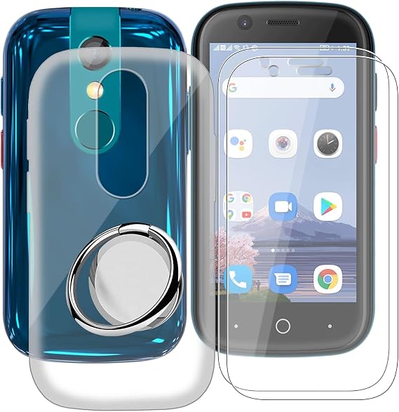 Clear Case for Unihertz Jelly 2E (3.0") + 2 x Tempered Glass Screen Protector, for Unihertz Jelly 2E Phone Case Magnetic Ring Holder, Slim Shockproof Soft Silicone TPU Cover
