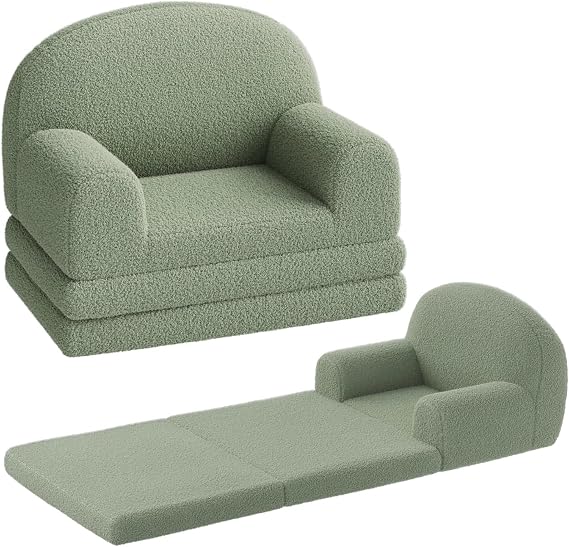 Kids Couch Sofa Bed, 2-in-1 Folding Toddler Chair Bed, Convertible Soft Sherpa Toddler Couch, Foldable Kids Armchair Sofa, Children's Day and Birthday Gift for Girls Boys, Green