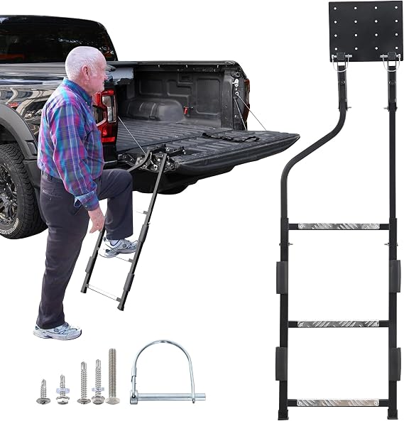 Tailgate Ladder, Heavy Duty Pickup Trucks Tailgate Steps, Elder-Friendly Truck Bed Ladder with Anti-Slip Steps, No Noise Foam Pad, Easy Install Foldable Truck Accessories Universal Fit Ram Ford